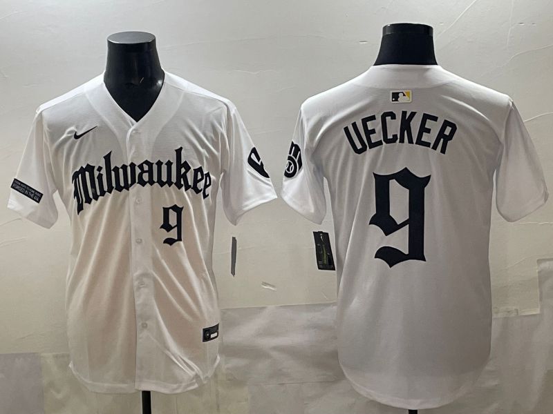 Men 2025 Milwaukee Brewers #9 Uecker White Five generations Joint Name Nike MLB Jersey style 08->milwaukee brewers->MLB Jersey